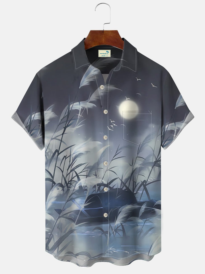 Chemise à manches courtes pour homme avec poches à boutons et motif bateau et plantes d&
