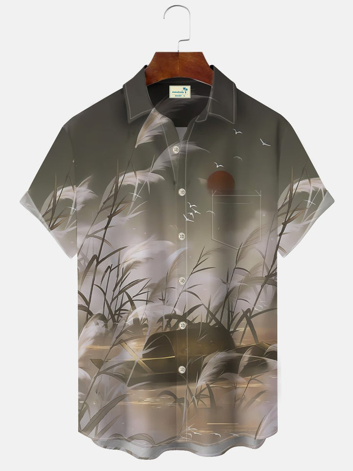 Chemise à manches courtes pour homme avec poches à boutons et motif bateau et plantes d&