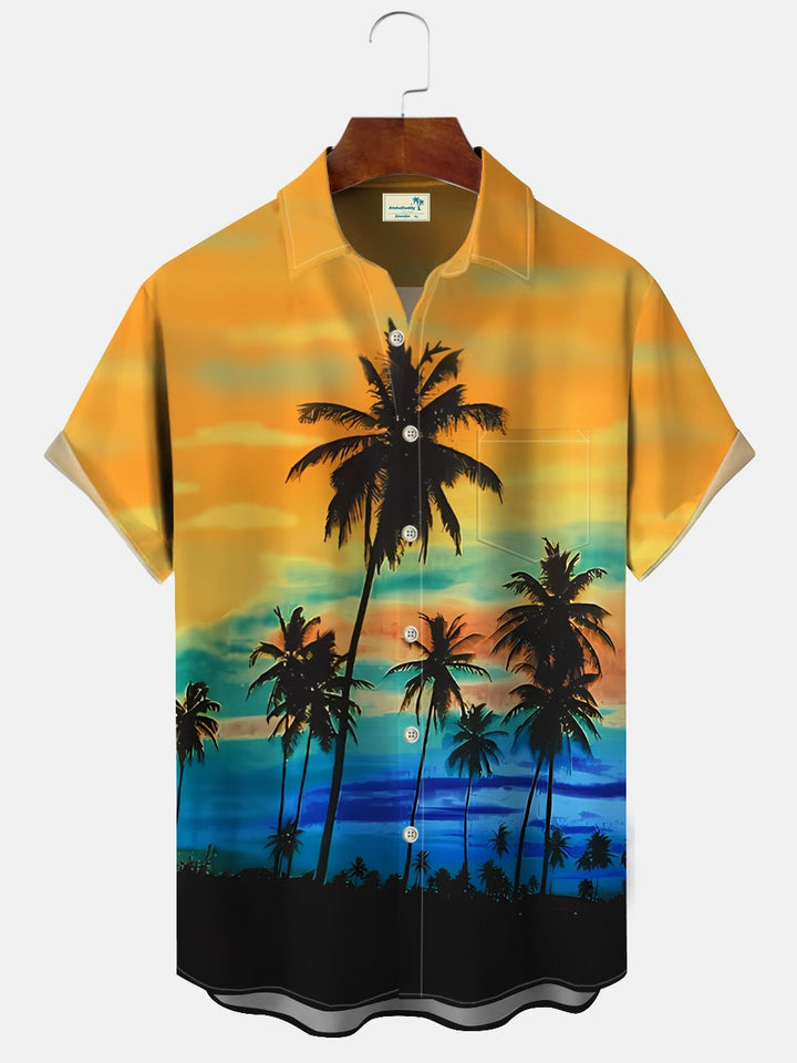 Alohadaddy Summer Sunset Beach Coconut Tree Gradient Button Pocket Vacation Men&