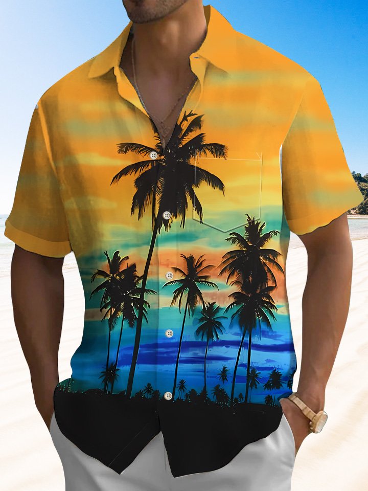 Alohadaddy Summer Sunset Beach Coconut Tree Gradient Button Pocket Vacation Men&
