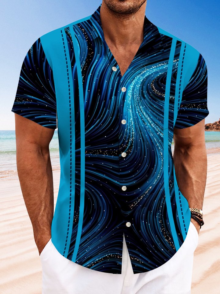 Chemise à manches courtes pour homme Alohadaddy Summer Stripes Motif ethnique Boutons Poches Vacances Années 50 Bowling Commuter