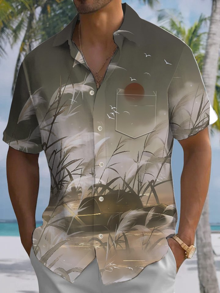 Chemise à manches courtes pour homme avec poches à boutons et motif bateau et plantes d&
