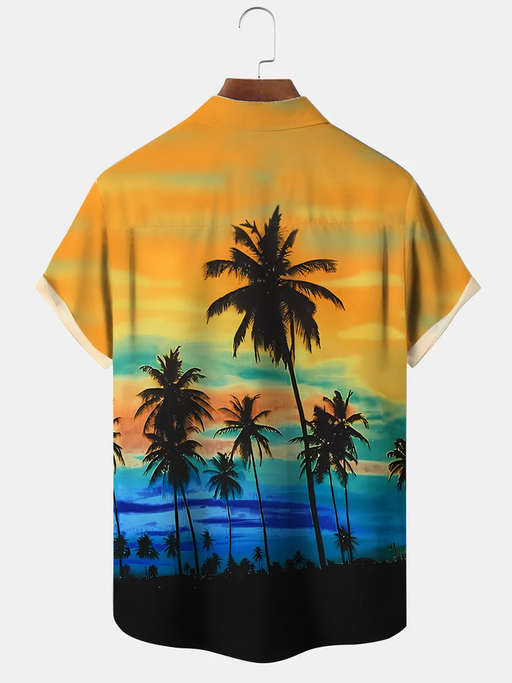 Alohadaddy Summer Sunset Beach Coconut Tree Gradient Button Pocket Vacation Men&