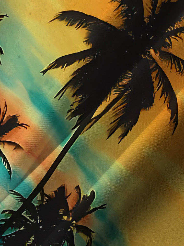 Alohadaddy Summer Sunset Beach Coconut Tree Gradient Button Pocket Vacation Men&