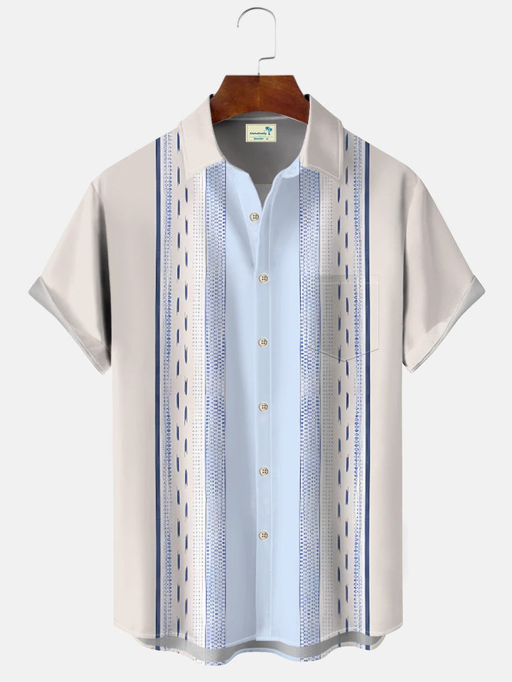 Camisa de manga corta de poliéster con bolsillo y botones para hombre, estilo étnico, líneas geométricas, estilo de verano, años 50, para ir a jugar a los bolos