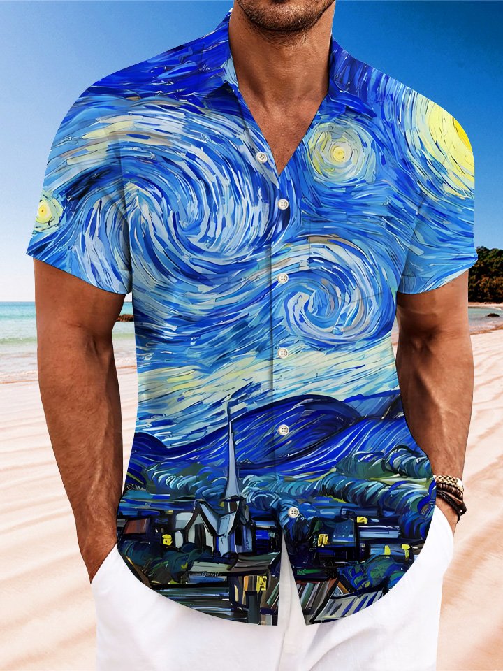 Chemise à manches courtes en polyester avec poche boutonnée pour homme Alohadaddy Summer Oil Painting Monet