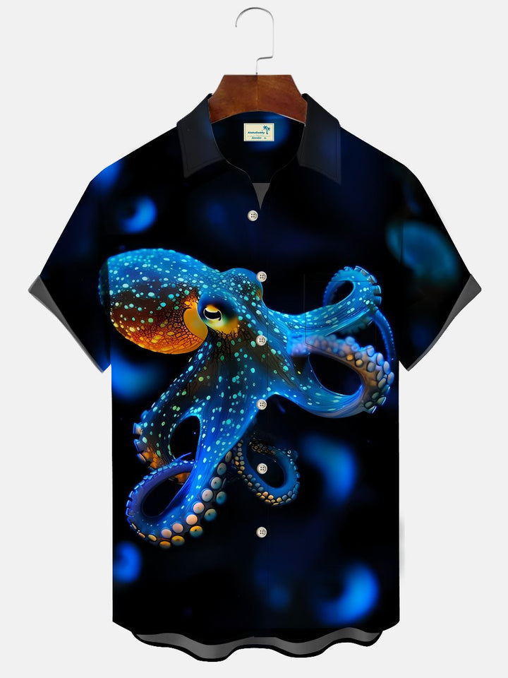 Alohadaddy Summer Ocean Animal Squid Mens Polyester Button Pocket Short Sleeve Vacation Shirt