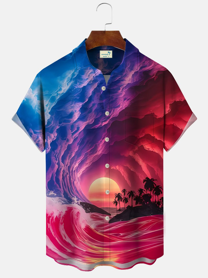 Alohadaddy Summer Beach Sunset Coconut Trees Mens Polyester Button Pocket Short Sleeve Shirt