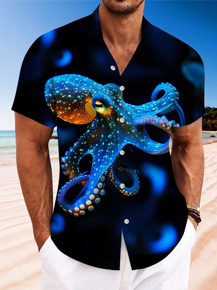 Alohadaddy Summer Ocean Animal Squid Mens Polyester Button Pocket Short Sleeve Vacation Shirt