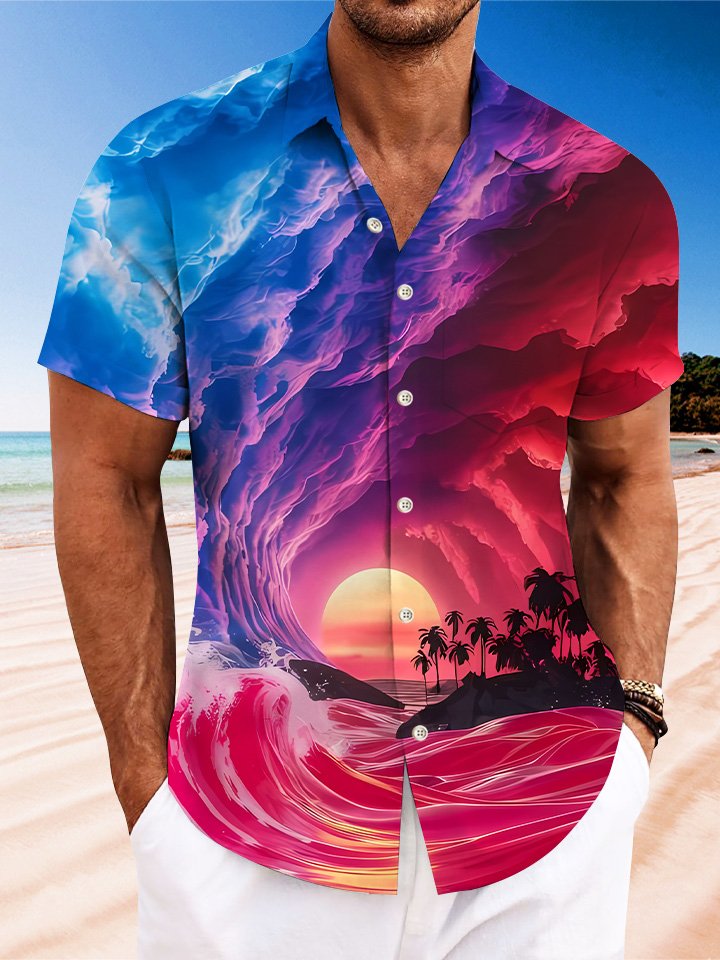 Alohadaddy Summer Beach Sunset Coconut Trees Mens Polyester Button Pocket Short Sleeve Shirt