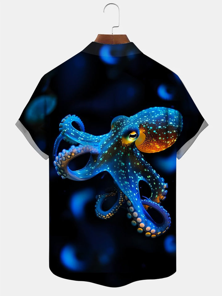 Alohadaddy Summer Ocean Animal Squid Mens Polyester Button Pocket Short Sleeve Vacation Shirt