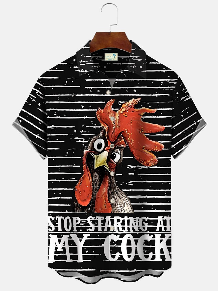 Alohadaddy Summer Geometric Lines Funny Rooster Men Button Pocket Casual Vacation Short Sleeve Shirt