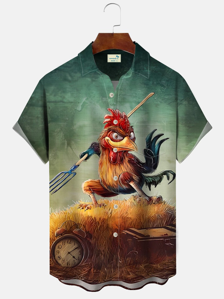 Alohadaddy Summer Funny Rooster Kung Fu Art Men Button Pocket Casual Vacation Short Sleeve Shirt