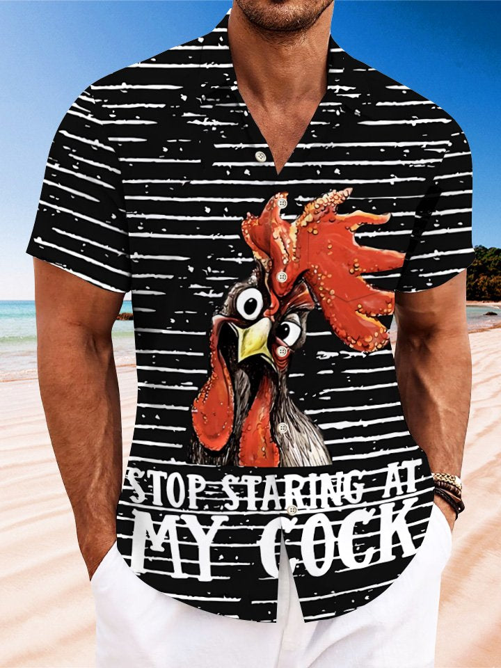 Alohadaddy Summer Geometric Lines Funny Rooster Men Button Pocket Casual Vacation Short Sleeve Shirt