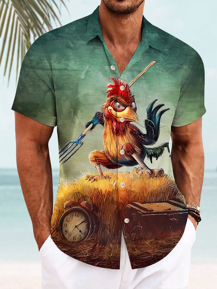 Alohadaddy Summer Funny Rooster Kung Fu Art Men Button Pocket Casual Vacation Short Sleeve Shirt