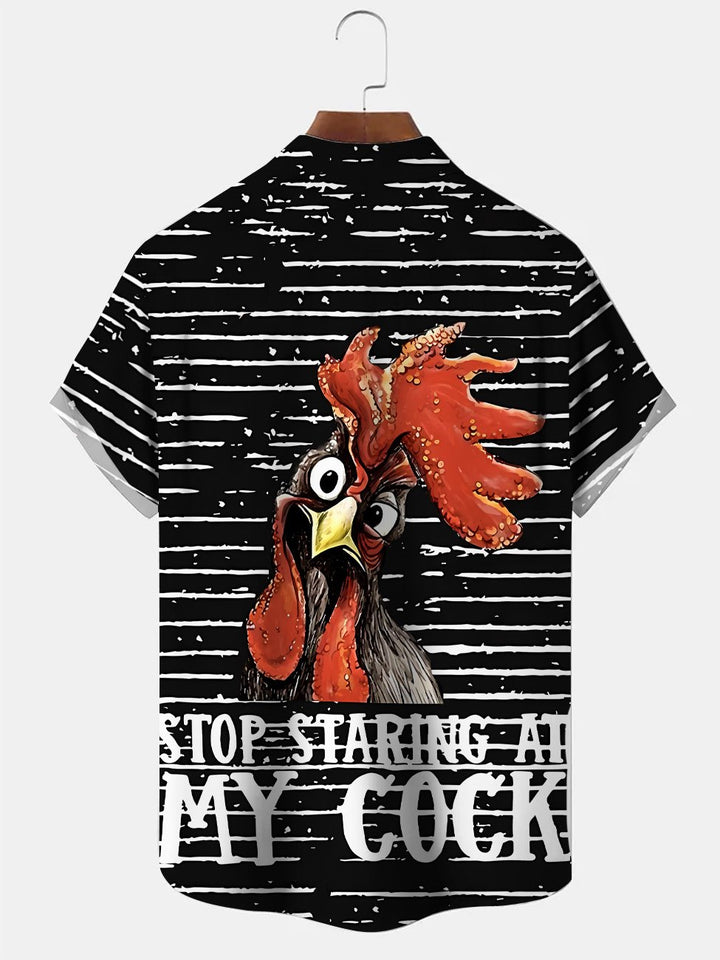 Alohadaddy Summer Geometric Lines Funny Rooster Men Button Pocket Casual Vacation Short Sleeve Shirt