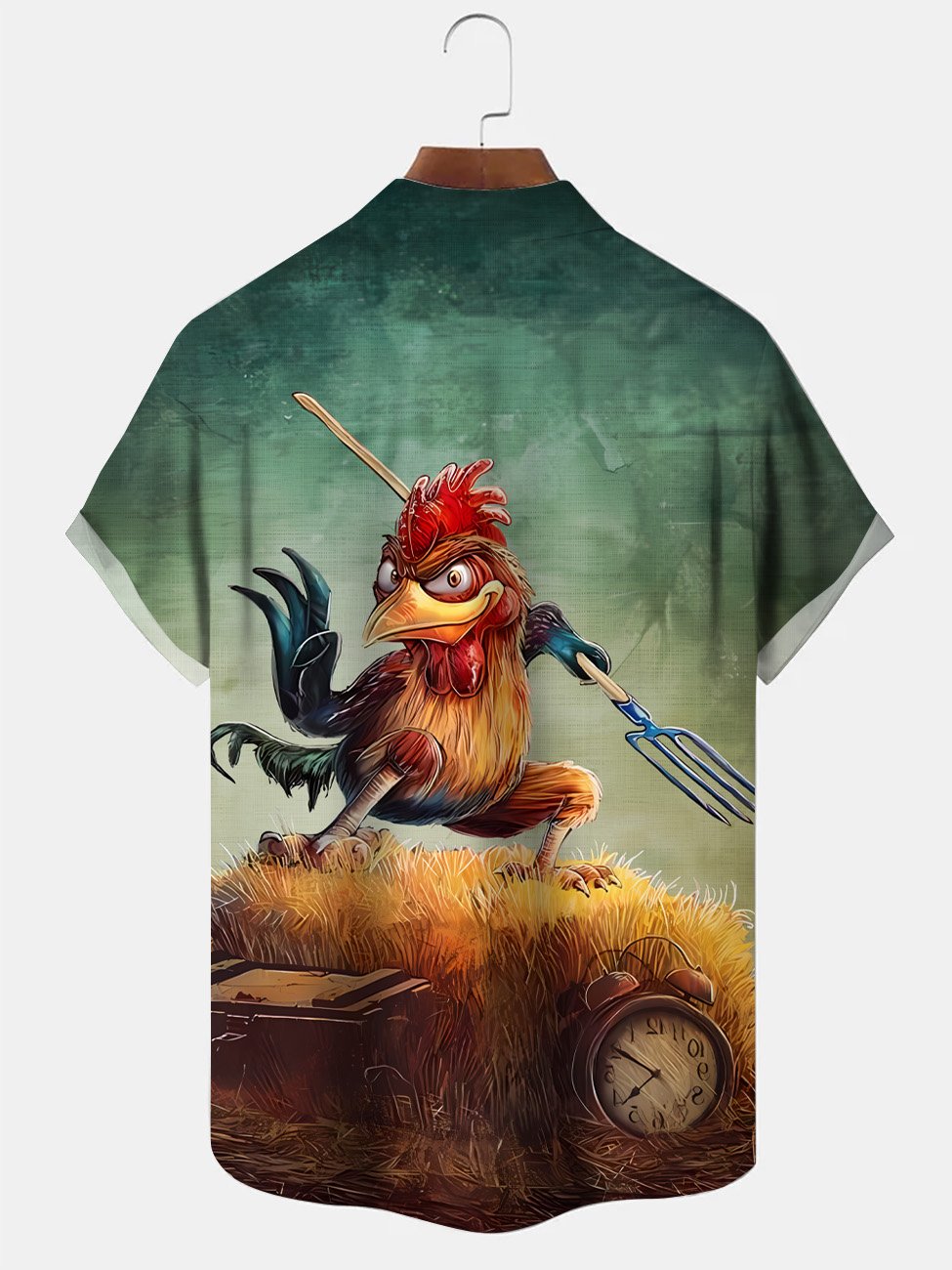 Alohadaddy Summer Funny Rooster Kung Fu Art Men Button Pocket Casual Vacation Short Sleeve Shirt