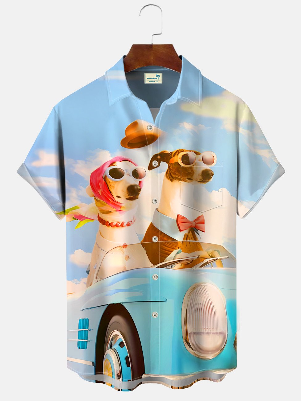 Alohadaddy Summer Retro Travel Animals Funny Dog Vintage Men Button Pocket Casual Vacation Short Sleeve Shirt