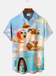 Alohadaddy Summer Retro Travel Animals Funny Dog Vintage Men Button Pocket Casual Vacation Short Sleeve Shirt
