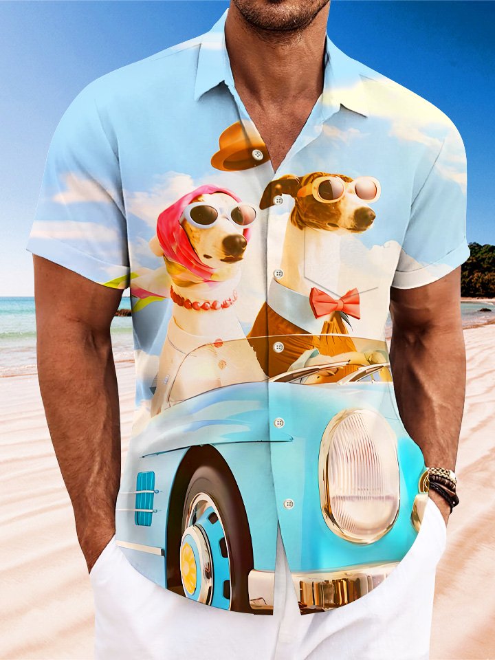 Alohadaddy Summer Retro Travel Animals Funny Dog Vintage Men Button Pocket Casual Vacation Short Sleeve Shirt