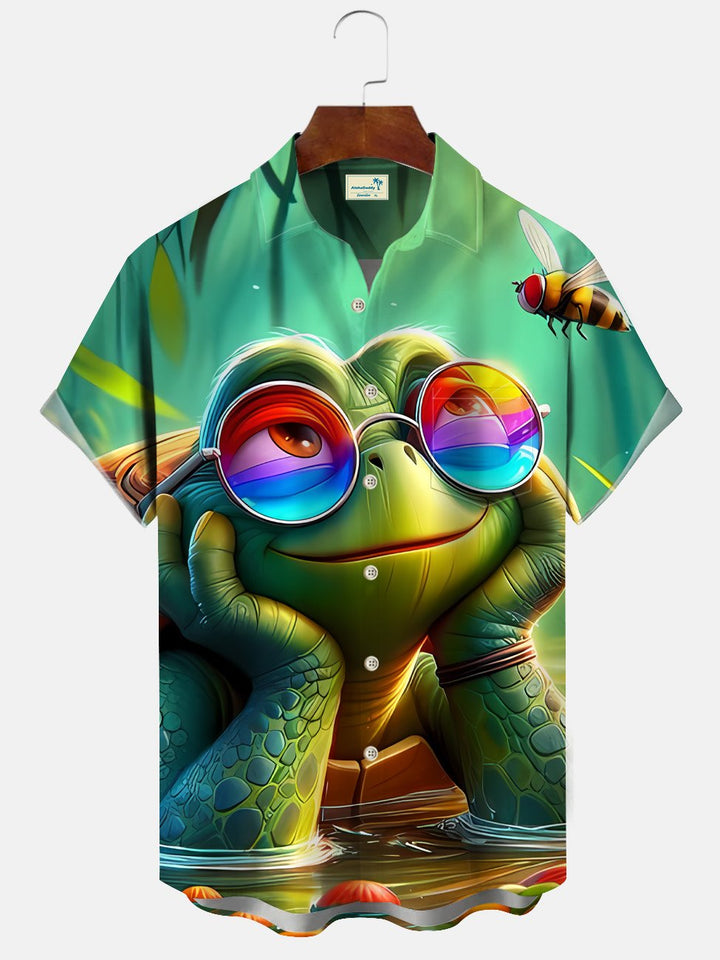 Alohadaddy Summer Ocean Animal Turtle Cute Men Button Pocket Casual Vacation Short Sleeve Shirt