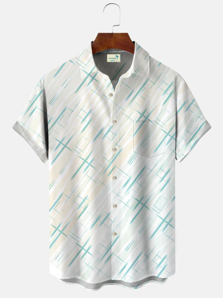 Alohadaddy Summer Geometric Stripes Cross Men Button Pocket Casual Short Sleeve Shirt