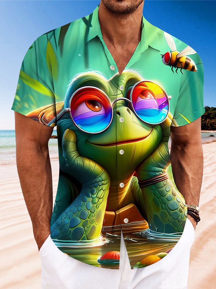 Alohadaddy Summer Ocean Animal Turtle Cute Men Button Pocket Casual Vacation Short Sleeve Shirt