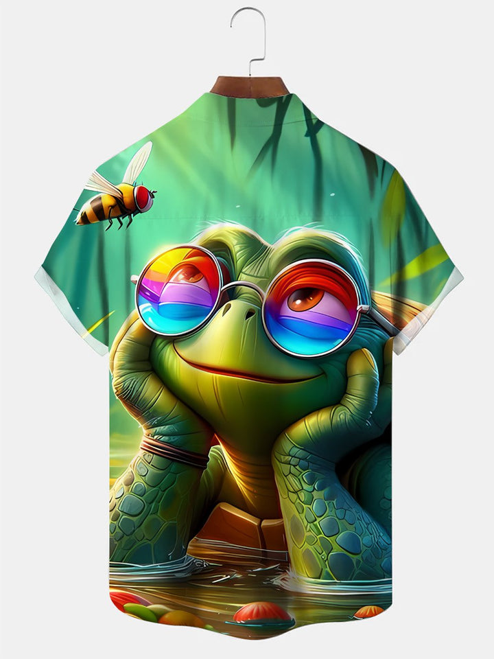 Alohadaddy Summer Ocean Animal Turtle Cute Men Button Pocket Casual Vacation Short Sleeve Shirt
