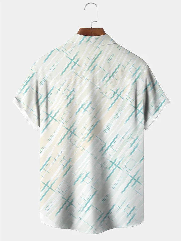 Alohadaddy Summer Geometric Stripes Cross Men Button Pocket Casual Short Sleeve Shirt