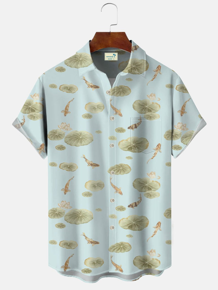 Camisa de manga corta informal con botones y bolsillo para hombre, estilo étnico, con estampado de pez loto de verano de Alohadaddy