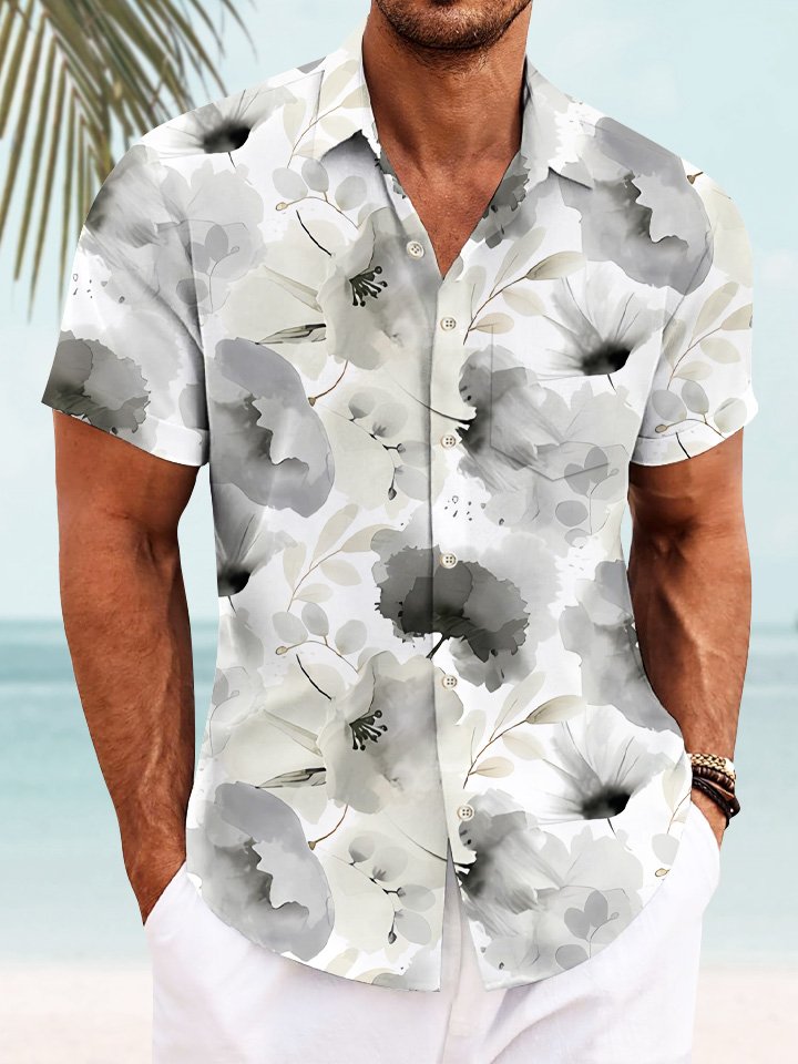 Camisa informal de manga corta con botones y bolsillos para hombre, con pintura de tinta y flores de verano de Alohadaddy