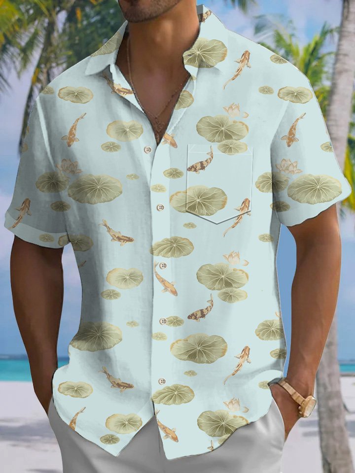 Camisa de manga corta informal con botones y bolsillo para hombre, estilo étnico, con estampado de pez loto de verano de Alohadaddy