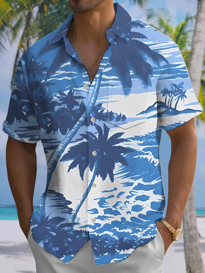 Chemise à manches courtes décontractée à boutons avec poche pour homme, motif cocotier d&