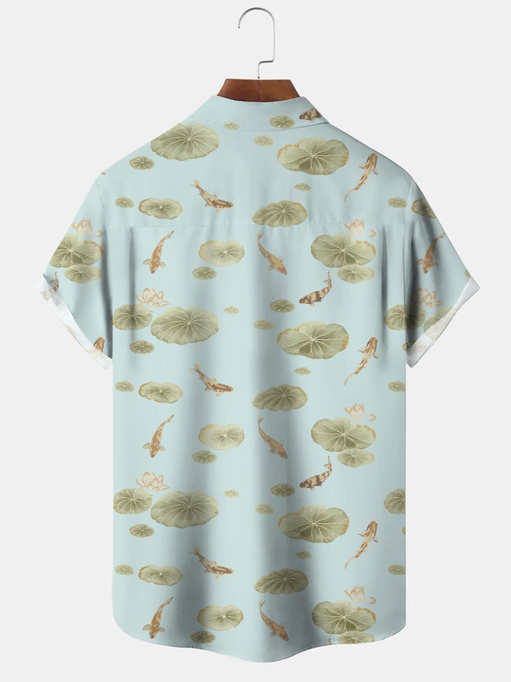 Camisa de manga corta informal con botones y bolsillo para hombre, estilo étnico, con estampado de pez loto de verano de Alohadaddy