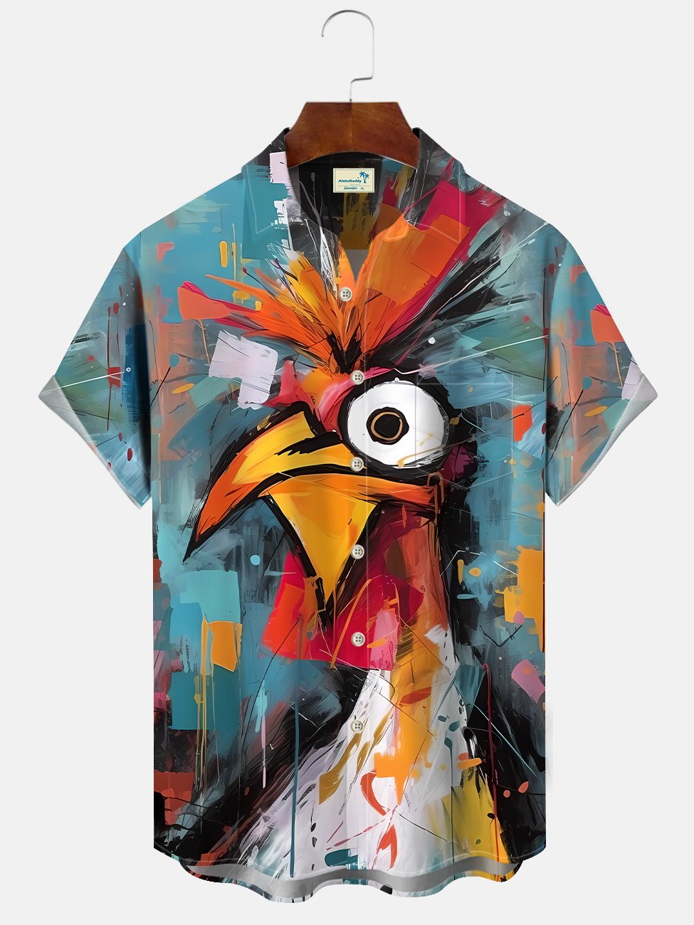 Alohadaddy Summer Funny Rooster Oil Painting Art Men Button Pocket Casual Vacation Short Sleeve Shirt