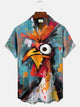 Alohadaddy Summer Funny Rooster Oil Painting Art Men Button Pocket Casual Vacation Short Sleeve Shirt