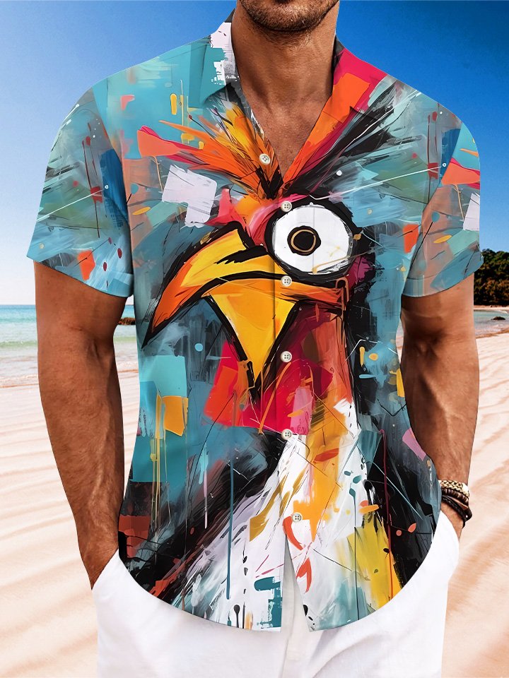 Alohadaddy Summer Funny Rooster Oil Painting Art Men Button Pocket Casual Vacation Short Sleeve Shirt