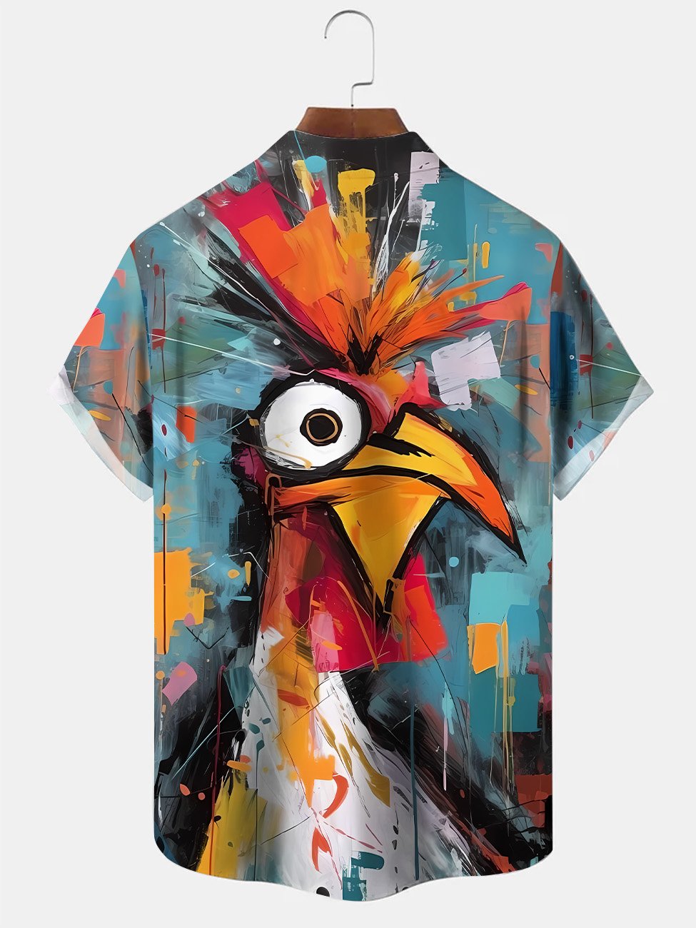 Alohadaddy Summer Funny Rooster Oil Painting Art Men Button Pocket Casual Vacation Short Sleeve Shirt
