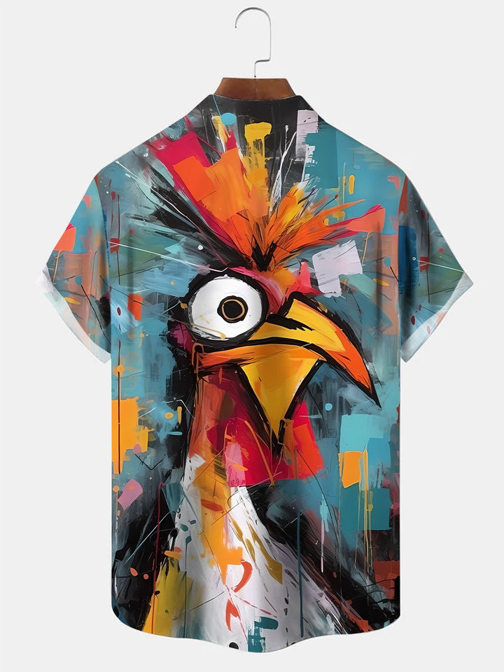 Alohadaddy Summer Funny Rooster Oil Painting Art Men Button Pocket Casual Vacation Short Sleeve Shirt