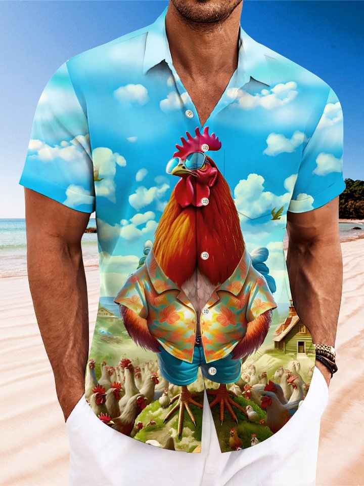 Chemise à manches courtes décontractée avec poche à boutons pour homme et femme, motif coq drôle d&