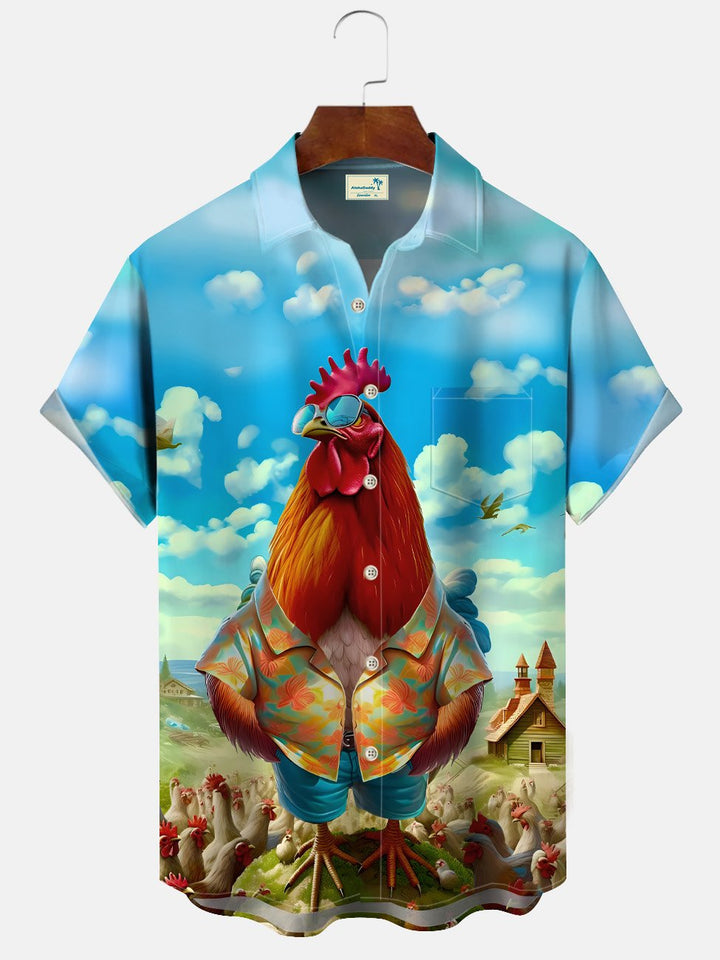 Chemise à manches courtes décontractée avec poche à boutons pour homme et femme, motif coq drôle d&