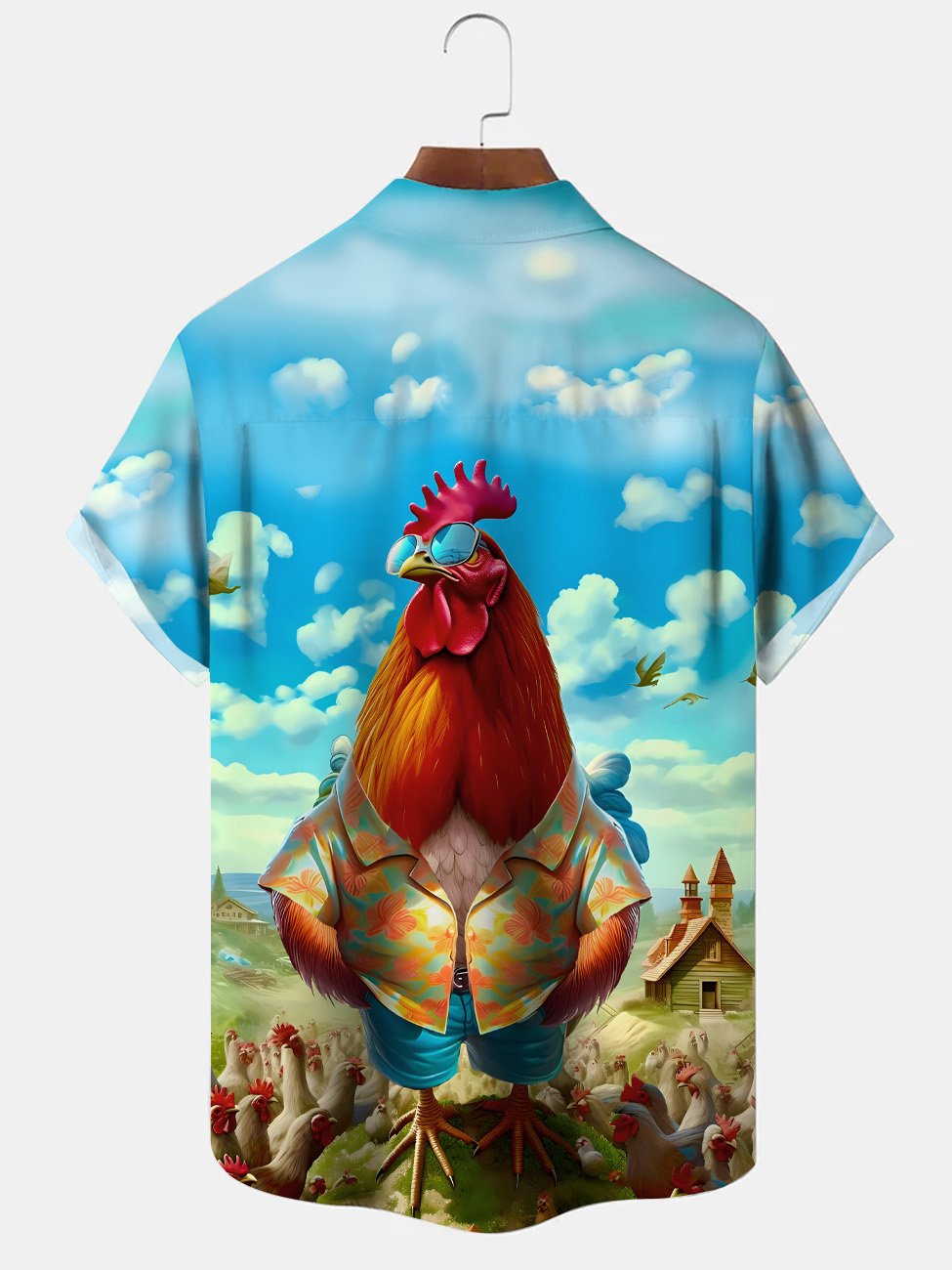 Chemise à manches courtes décontractée avec poche à boutons pour homme et femme, motif coq drôle d&