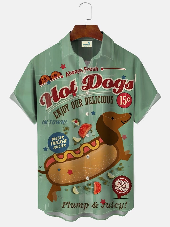 Camisa de manga corta informal con botones y bolsillo para hombre, estilo retro de verano, con diseño de grafiti y perrito caliente, de Alohadaddy