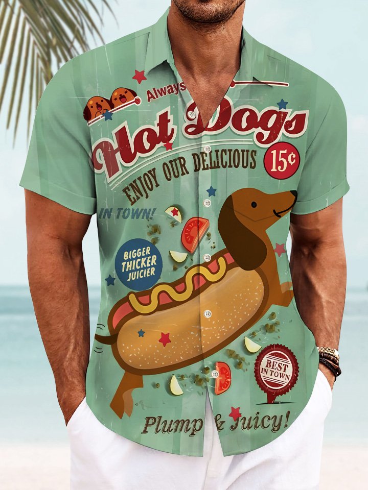 Camisa de manga corta informal con botones y bolsillo para hombre, estilo retro de verano, con diseño de grafiti y perrito caliente, de Alohadaddy