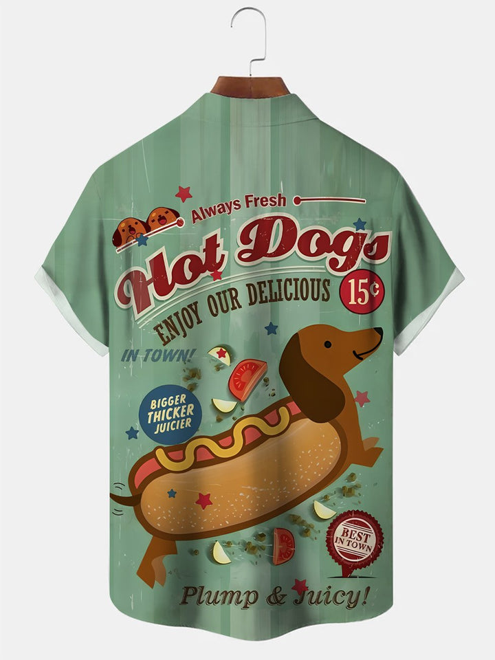 Camisa de manga corta informal con botones y bolsillo para hombre, estilo retro de verano, con diseño de grafiti y perrito caliente, de Alohadaddy