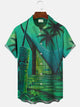 Alohadaddy Summer Stone Statue Mural Ethnic Men Button Pocket Casual Vacation Short Sleeve Shirt