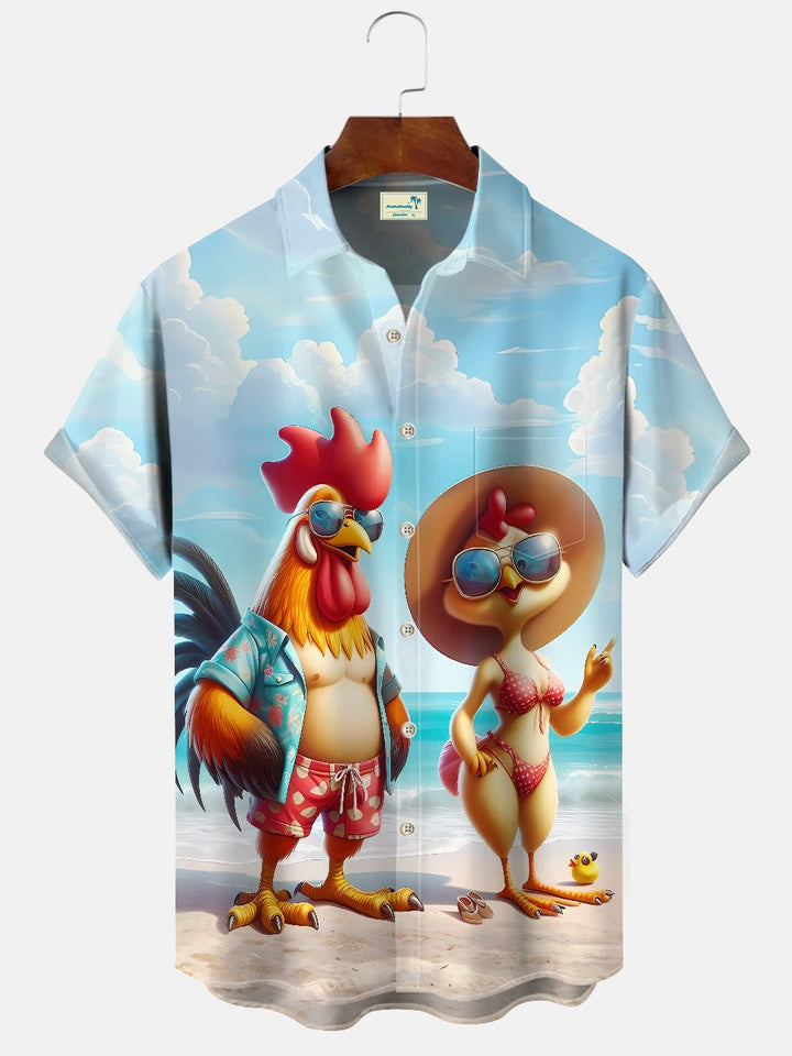 Alohadaddy Summer Beach Animals Funny Rooster Buttons Pockets Leisure Vacation Short Sleeve Shirt
