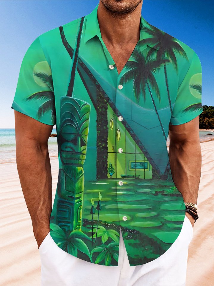 Alohadaddy Summer Stone Statue Mural Ethnic Men Button Pocket Casual Vacation Short Sleeve Shirt