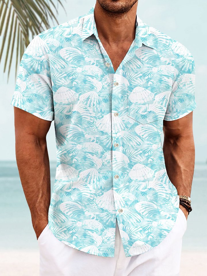 Chemise à manches courtes décontractée pour homme avec poche boutonnée et coquillages d&