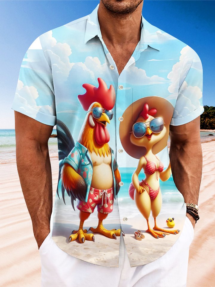 Alohadaddy Summer Beach Animals Funny Rooster Buttons Pockets Leisure Vacation Short Sleeve Shirt